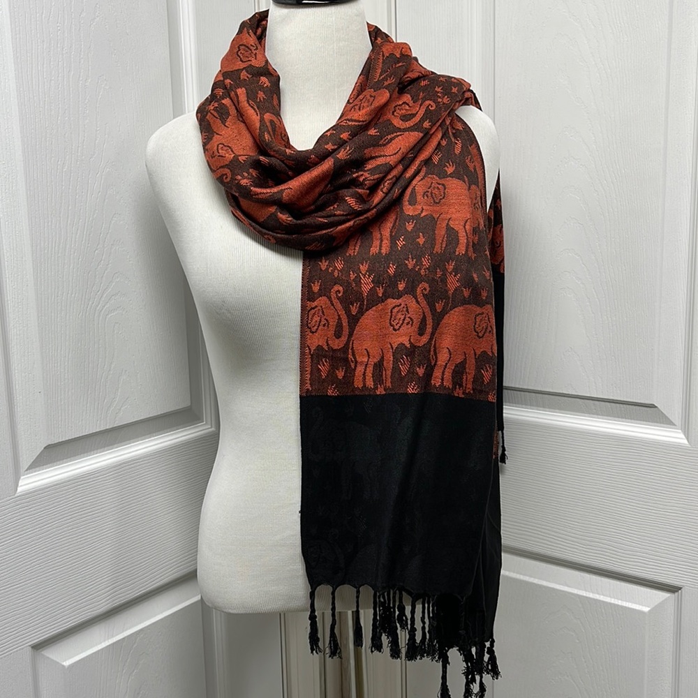 Orange & Black Elephant Fringed Long Scarf